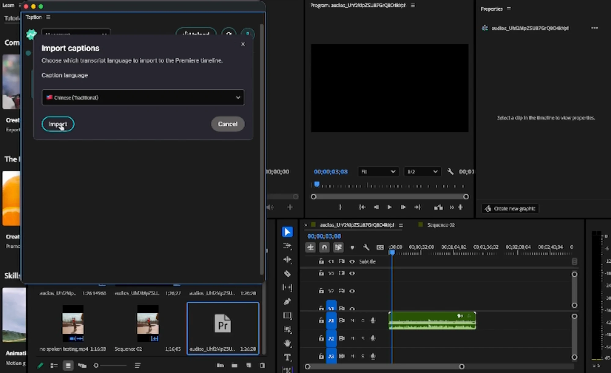 Taption plugin caption import dialog alongside the Premiere Pro timeline
