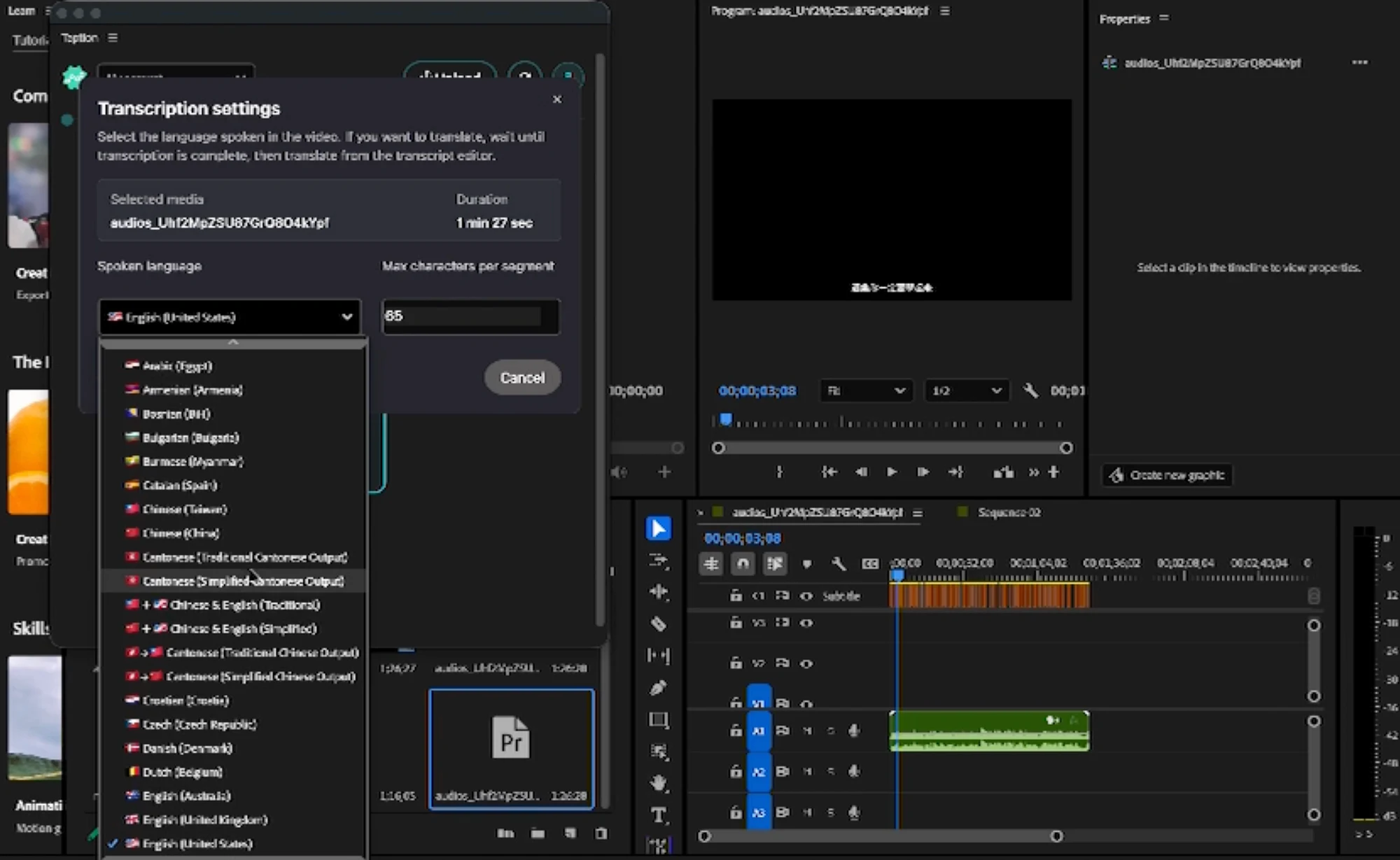 Taption transcription settings and spoken-language selection inside Premiere Pro