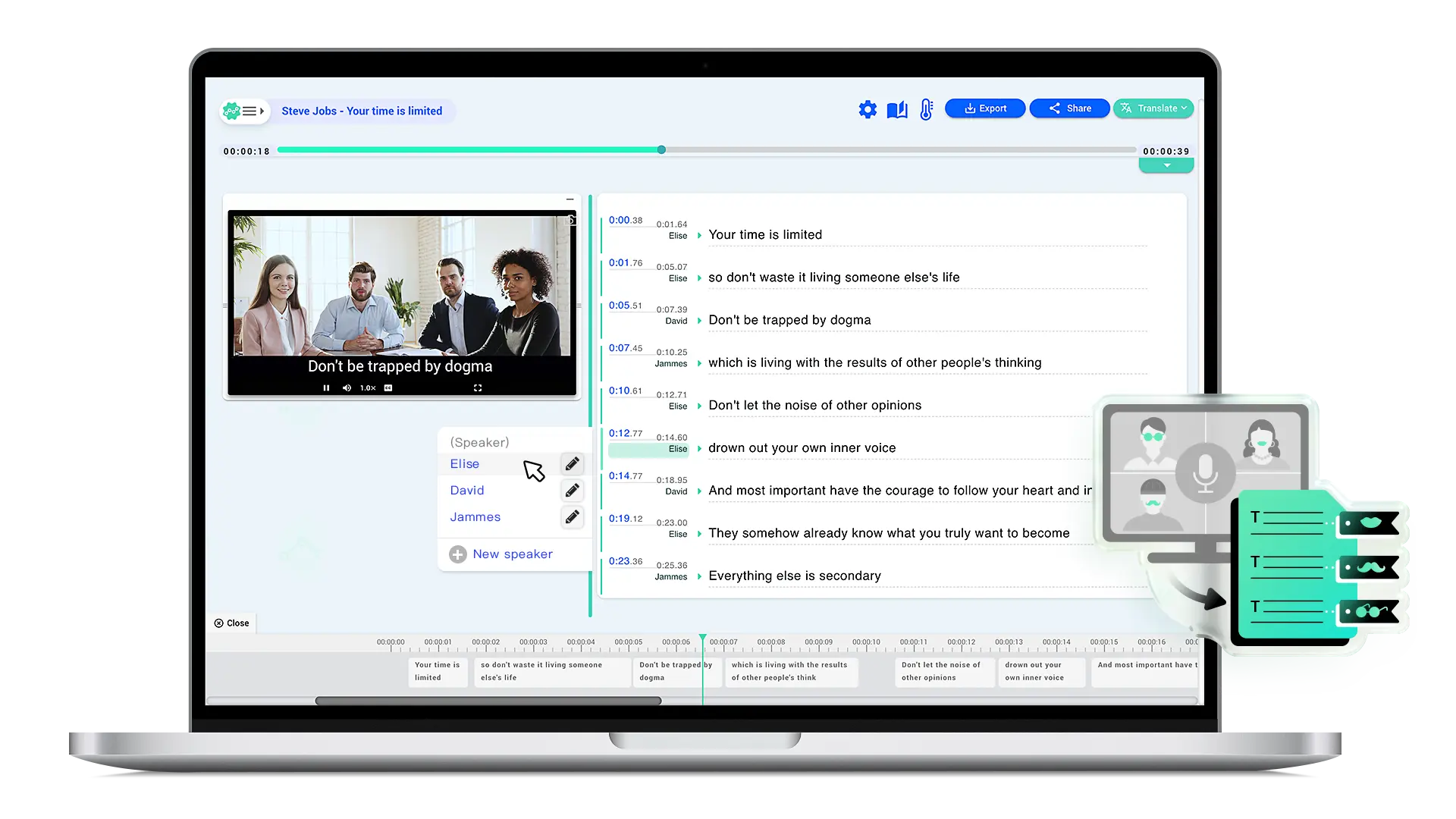 Taption speaker-labeled meeting transcription interface
